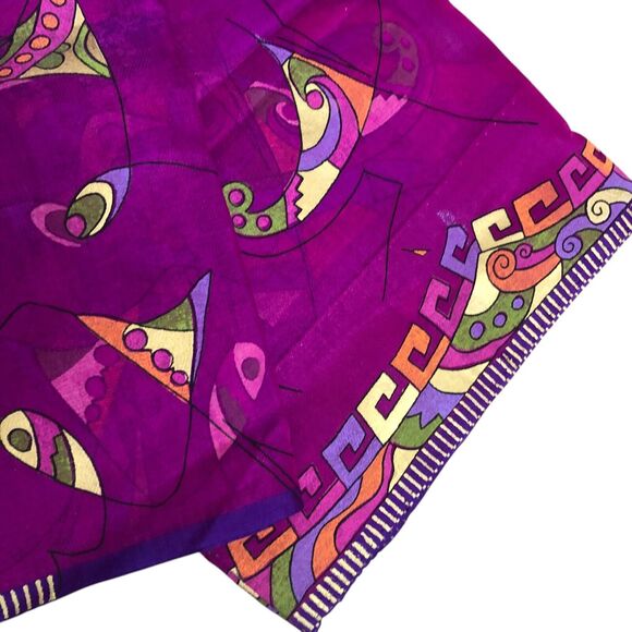 Silk Saree Sari Scarf Purple Fuchsia Orange Green Geometric Bollywood - Picture 4 of 5